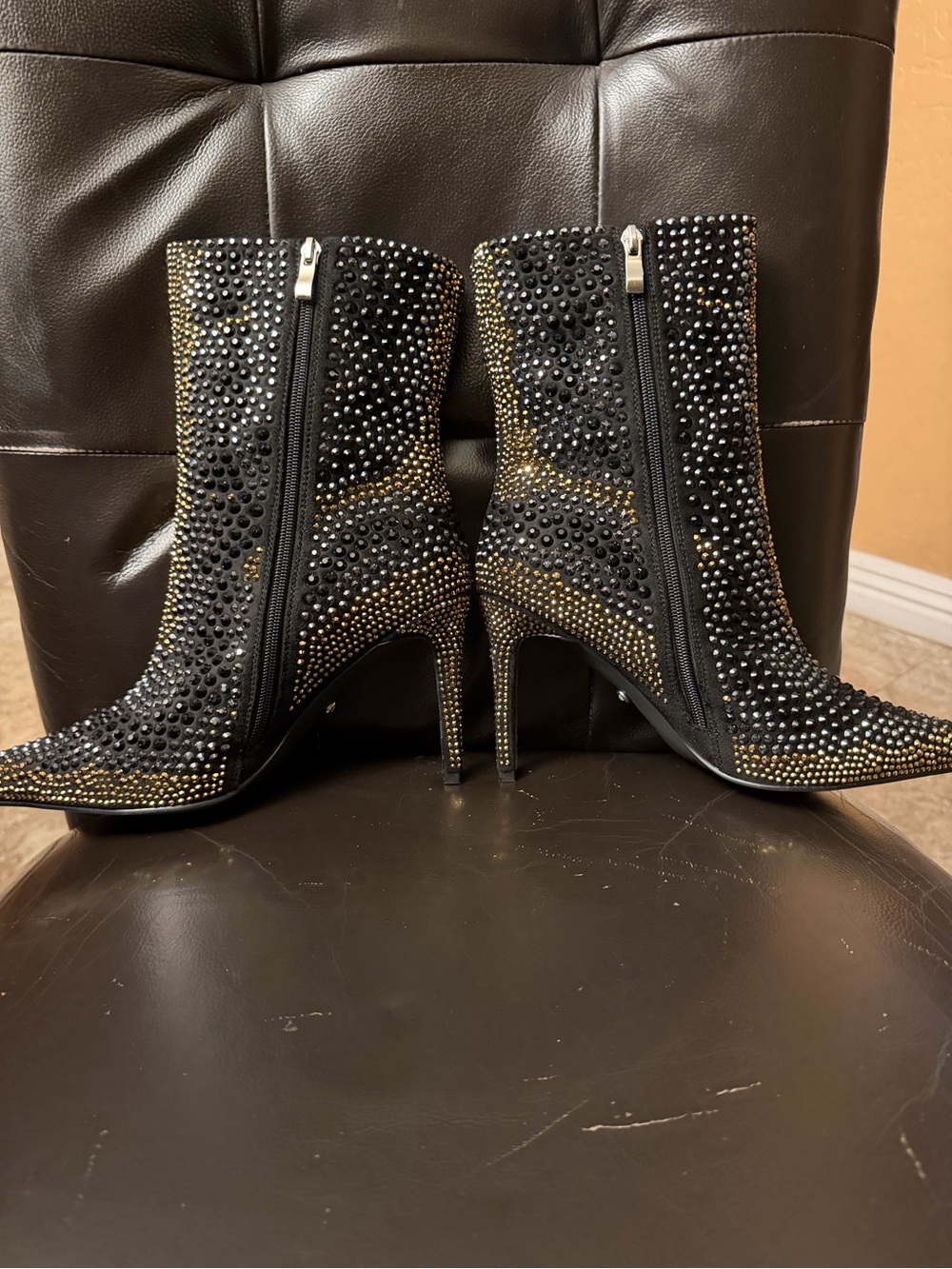 Studded Black Crystal Ankle Booties with Side Zip - Picture 2 of 8